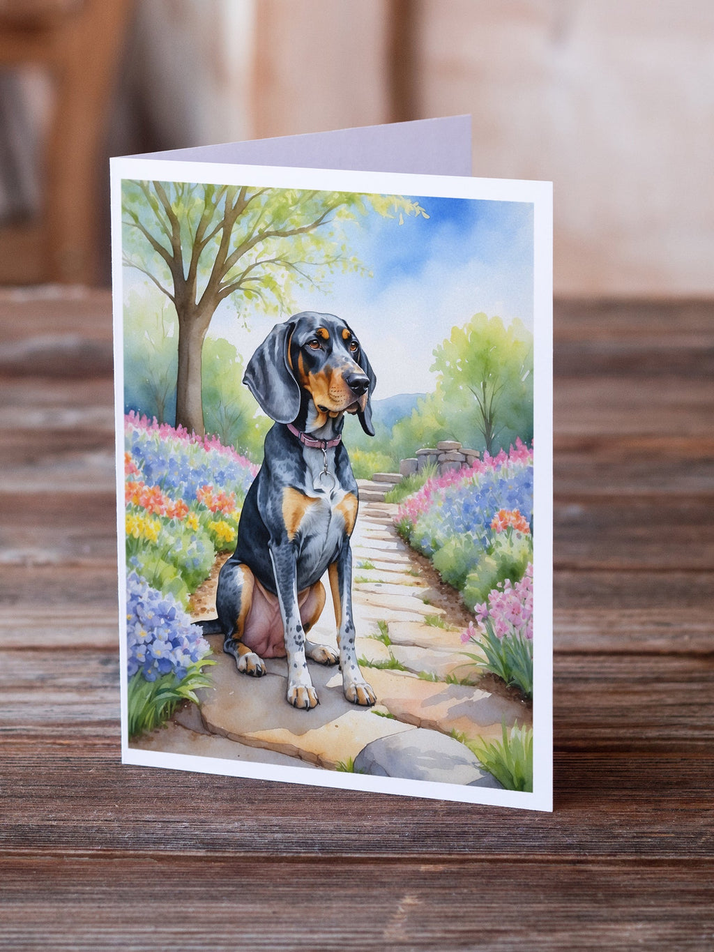 Bluetick Coonhound Spring Path Greeting Cards Pack of 8 Blank Cards with Envelopes Whimsical A7 Size 5x7