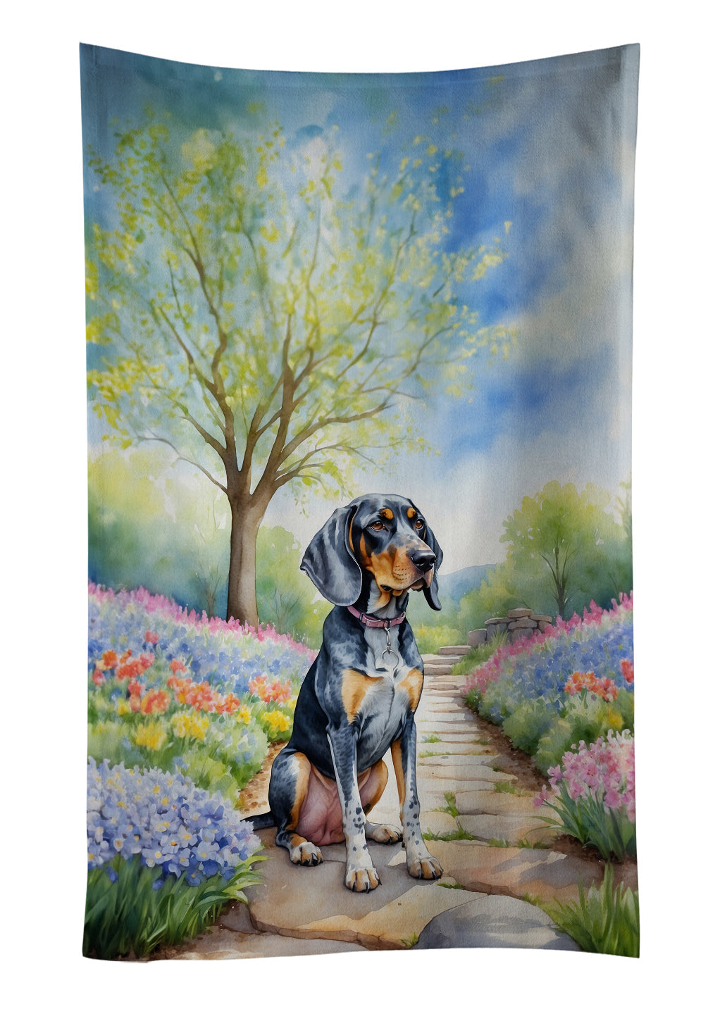 Bluetick Coonhound Spring Path Kitchen Towel Velour Plush Front and Cotton Loop Back Machine Washable