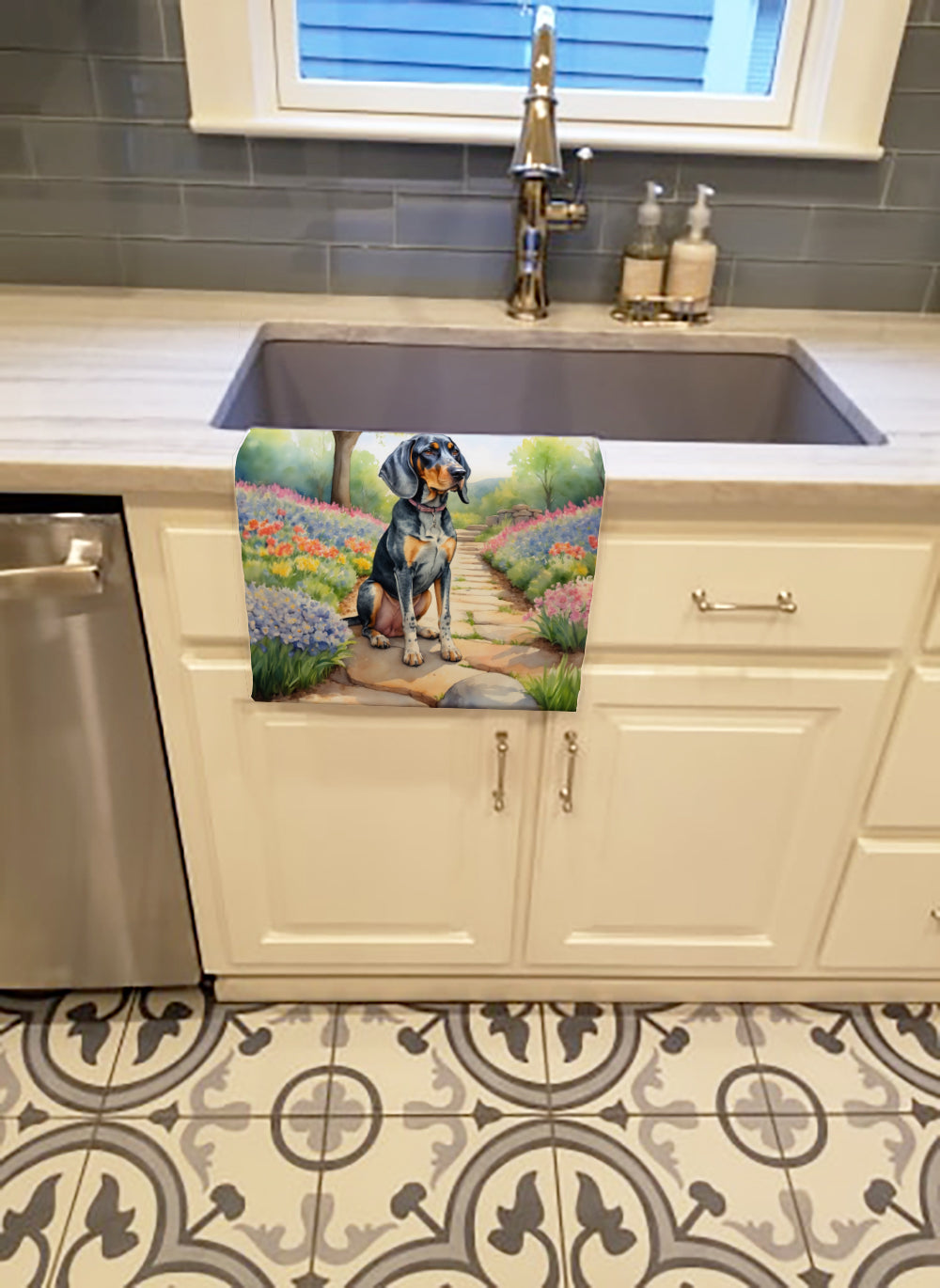 Bluetick Coonhound Spring Path Kitchen Towel Velour Plush Front and Cotton Loop Back Machine Washable