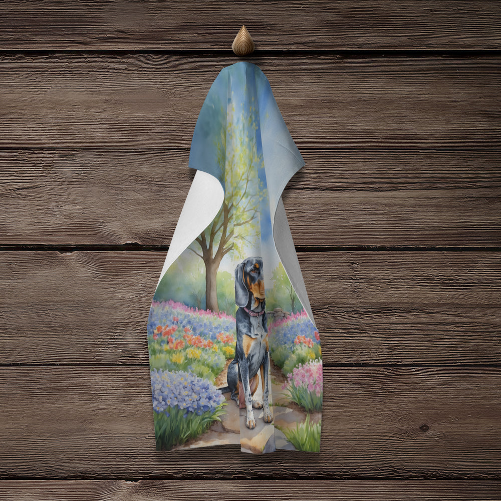 Bluetick Coonhound Spring Path Kitchen Towel Velour Plush Front and Cotton Loop Back Machine Washable