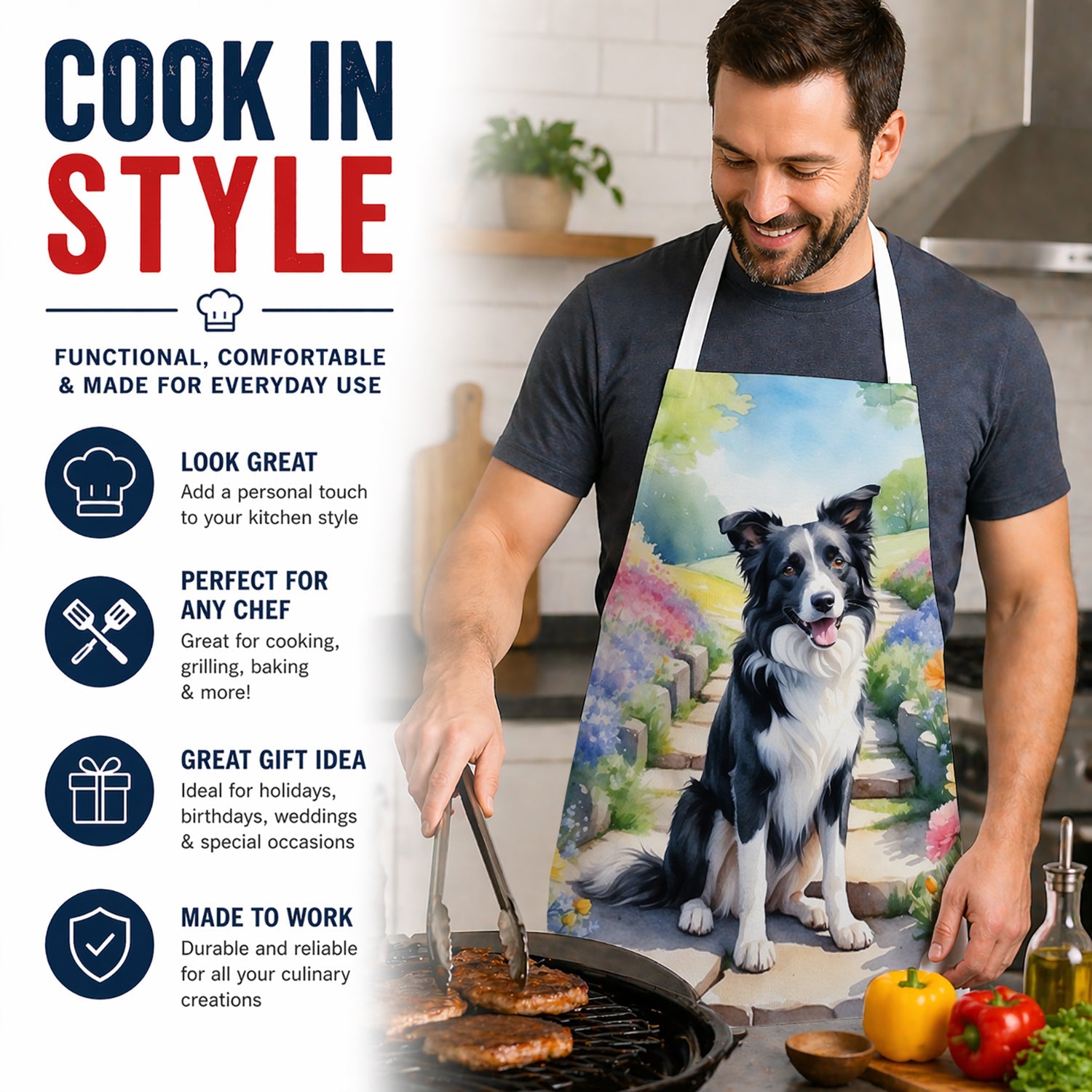 Border Collie Spring Path Apron Cooking Kitchen Server Baking Crafts Gardening for Adult Women Men, Unisex, Large, Multicolor