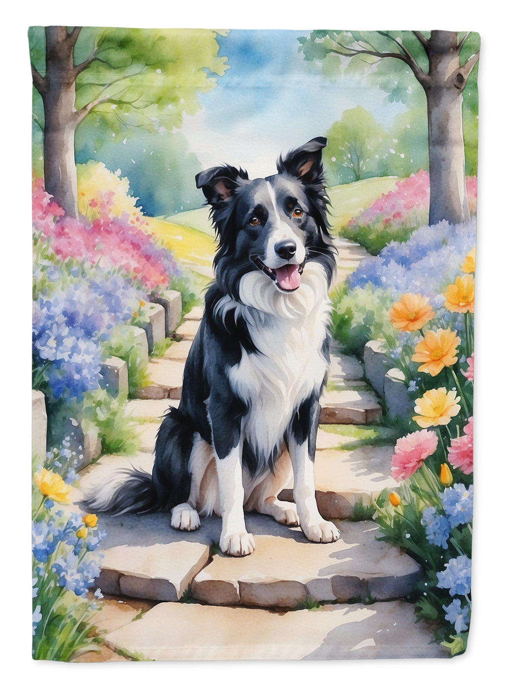 Border Collie Spring Path House Flag 28x40 Porch Sleeve Pole Decorative Outside Yard Banner Artwork Wall Hanging, Polyester