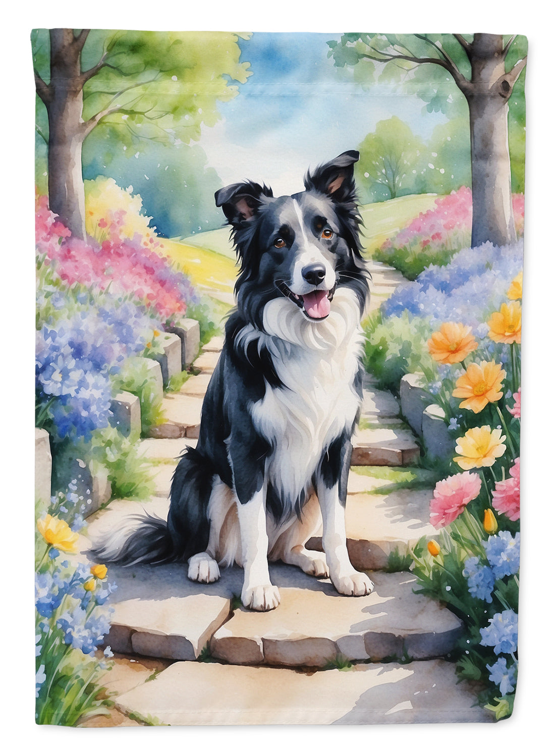 Border Collie Spring Path House Flag 28x40 Porch Sleeve Pole Decorative Outside Yard Banner Artwork Wall Hanging, Polyester