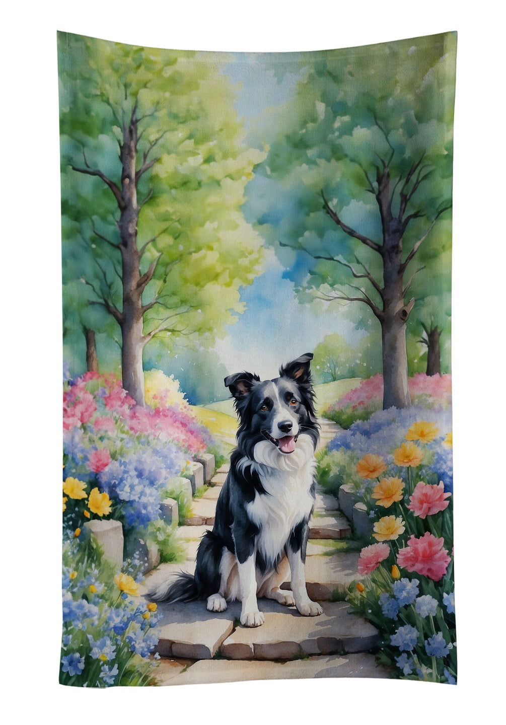 Border Collie Spring Path Kitchen Towel Velour Plush Front and Cotton Loop Back Machine Washable