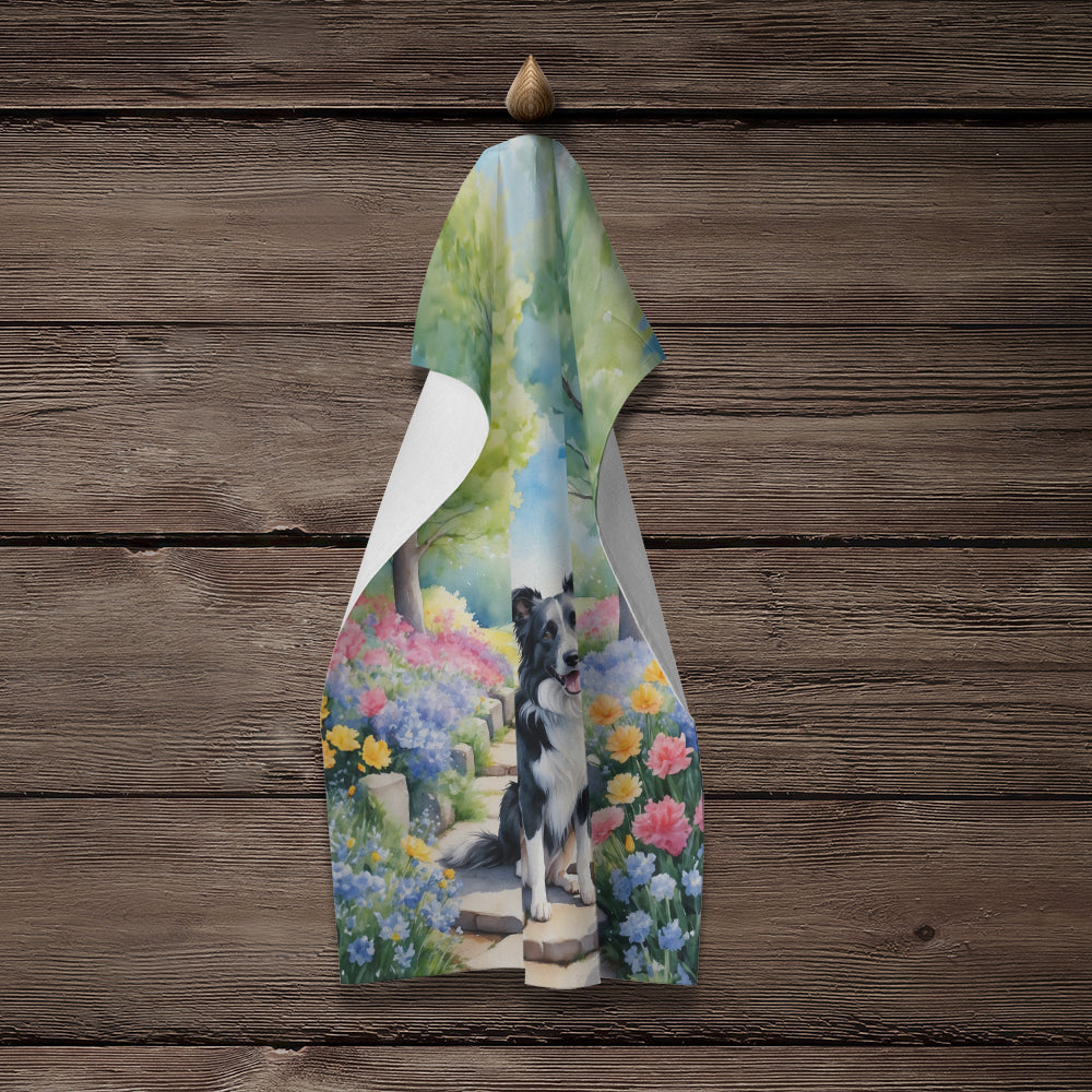 Border Collie Spring Path Kitchen Towel Velour Plush Front and Cotton Loop Back Machine Washable