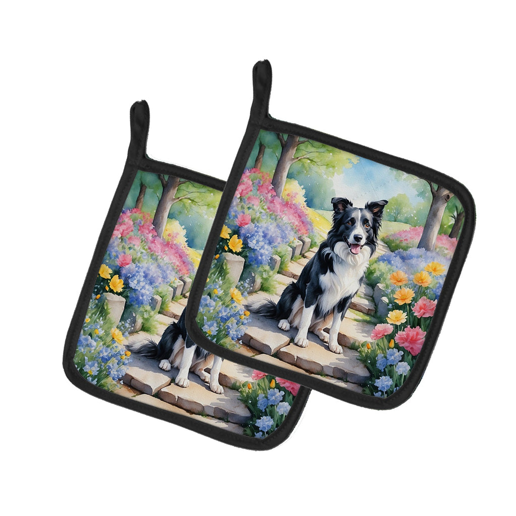 Border Collie Spring Path Pot Holder Set of 2 Heat Resistant Quilted Hot Pads 7.5 x 7.5 Inch, Insulated Kitchen Trivets for Cooking & Baking