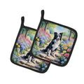 Border Collie Spring Path Pot Holder Set of 2 Heat Resistant Quilted Hot Pads 7.5 x 7.5 Inch, Insulated Kitchen Trivets for Cooking & Baking
