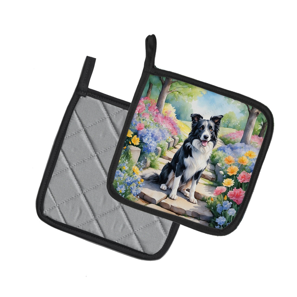 Border Collie Spring Path Pot Holder Set of 2 Heat Resistant Quilted Hot Pads 7.5 x 7.5 Inch, Insulated Kitchen Trivets for Cooking & Baking