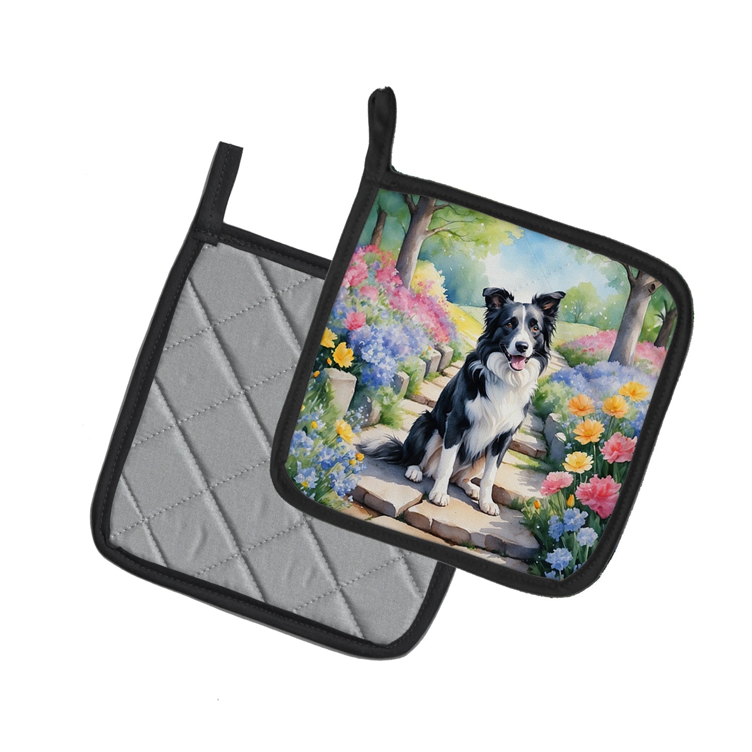 Border Collie Spring Path Pot Holder Set of 2 Heat Resistant Quilted Hot Pads 7.5 x 7.5 Inch, Insulated Kitchen Trivets for Cooking & Baking