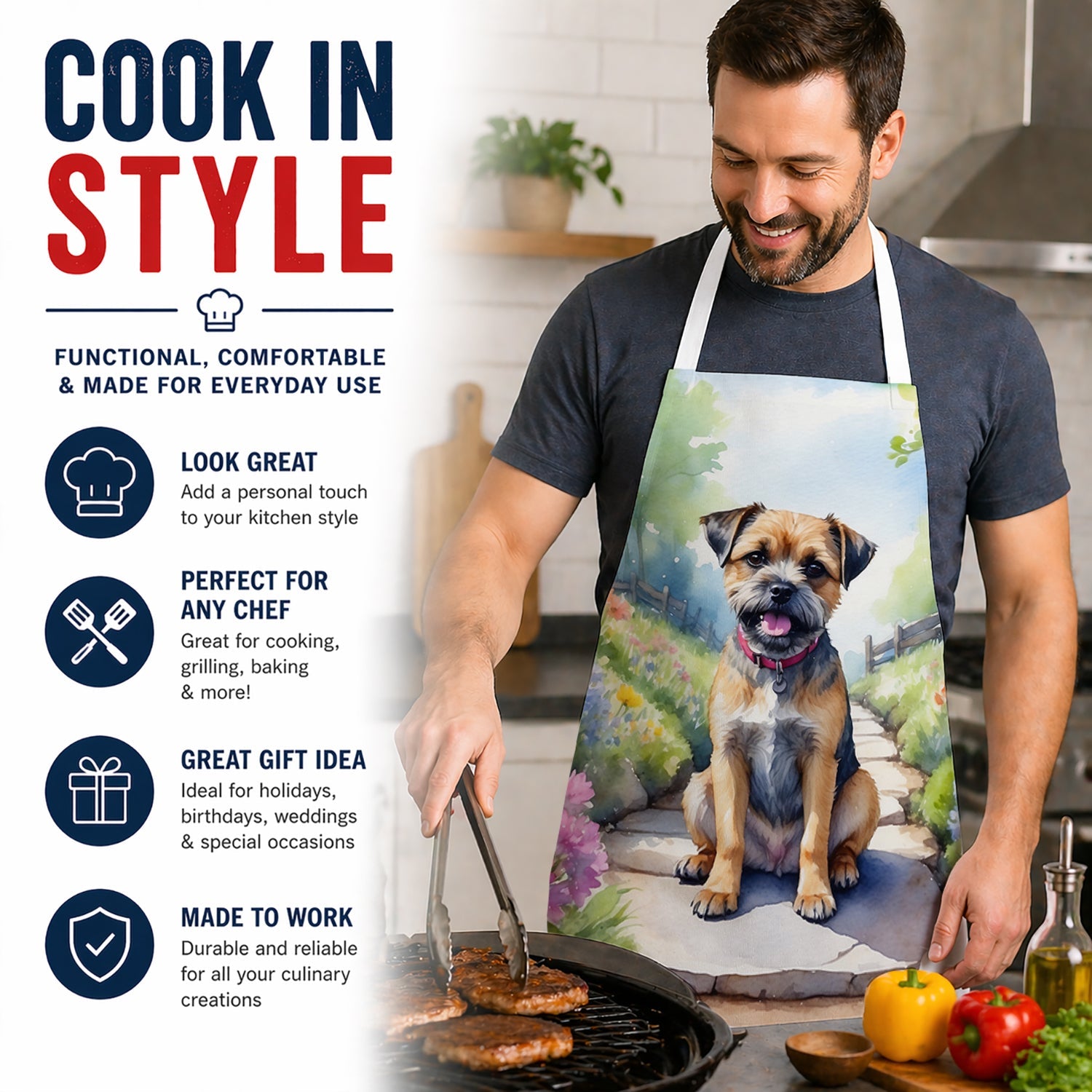 Border Terrier Spring Path Apron Cooking Kitchen Server Baking Crafts Gardening for Adult Women Men, Unisex, Large, Multicolor