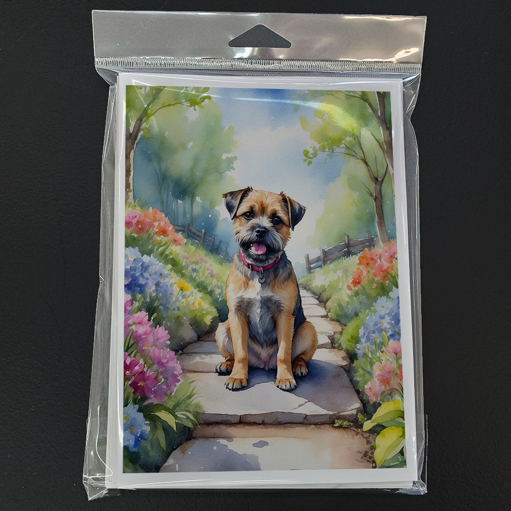Border Terrier Spring Path Greeting Cards Pack of 8 Blank Cards with Envelopes Whimsical A7 Size 5x7
