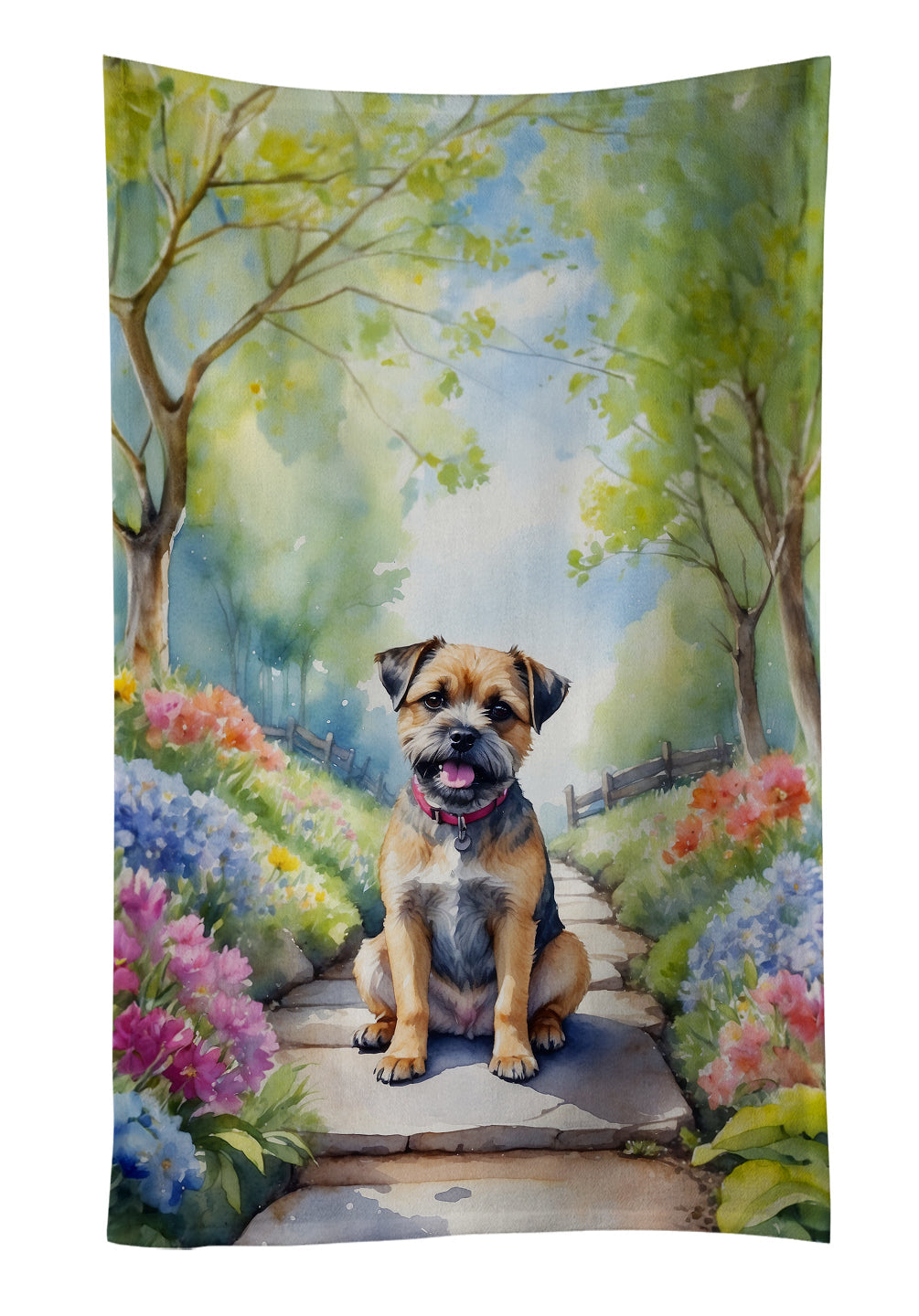 Border Terrier Spring Path Kitchen Towel Velour Plush Front and Cotton Loop Back Machine Washable