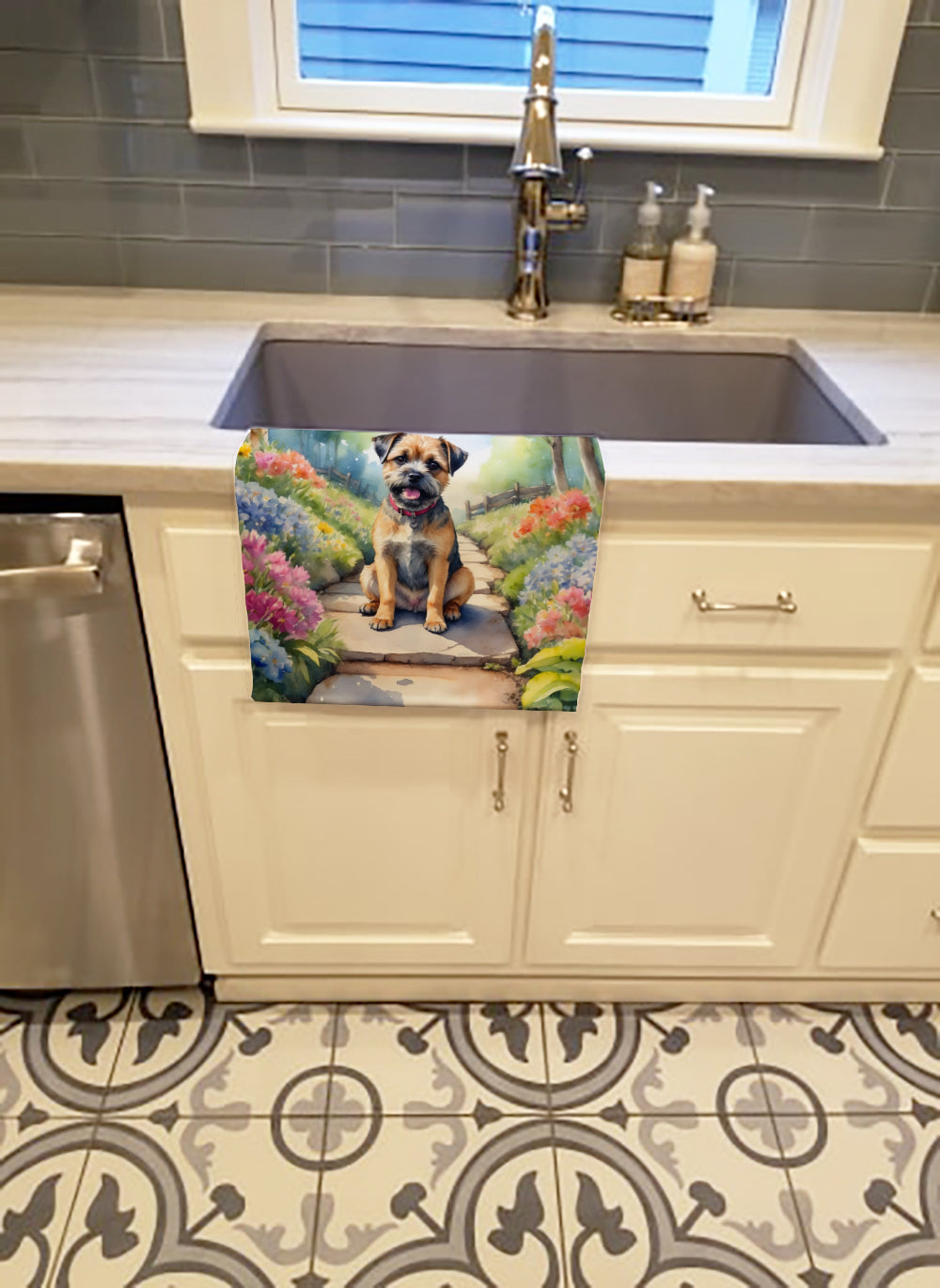 Border Terrier Spring Path Kitchen Towel Velour Plush Front and Cotton Loop Back Machine Washable