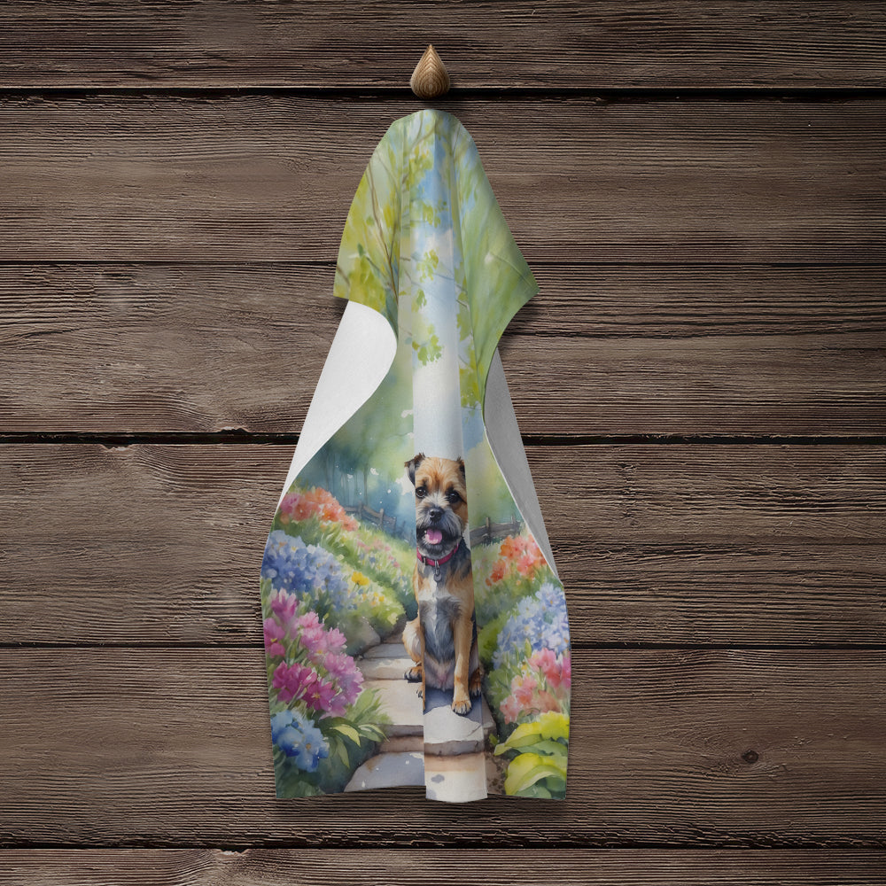 Border Terrier Spring Path Kitchen Towel Velour Plush Front and Cotton Loop Back Machine Washable
