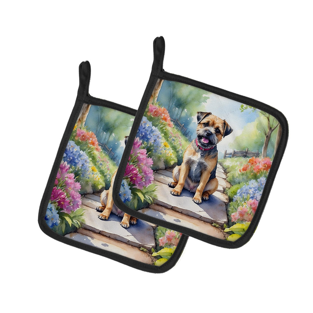 Border Terrier Spring Path Pot Holder Set of 2 Heat Resistant Quilted Hot Pads 7.5 x 7.5 Inch, Insulated Kitchen Trivets for Cooking & Baking