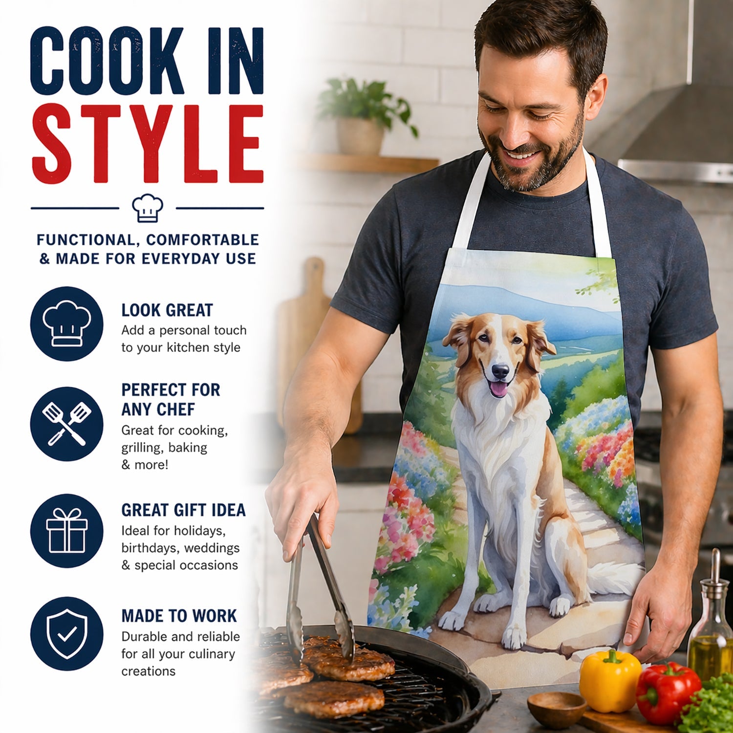 Borzoi Spring Path Apron Cooking Kitchen Server Baking Crafts Gardening for Adult Women Men, Unisex, Large, Multicolor