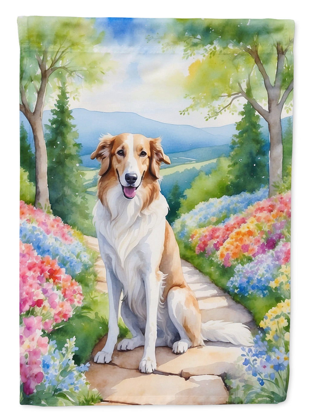 Borzoi Spring Path House Flag 28x40 Porch Sleeve Pole Decorative Outside Yard Banner Artwork Wall Hanging, Polyester