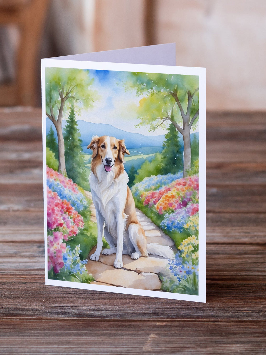 Borzoi Spring Path Greeting Cards Pack of 8 Blank Cards with Envelopes Whimsical A7 Size 5x7