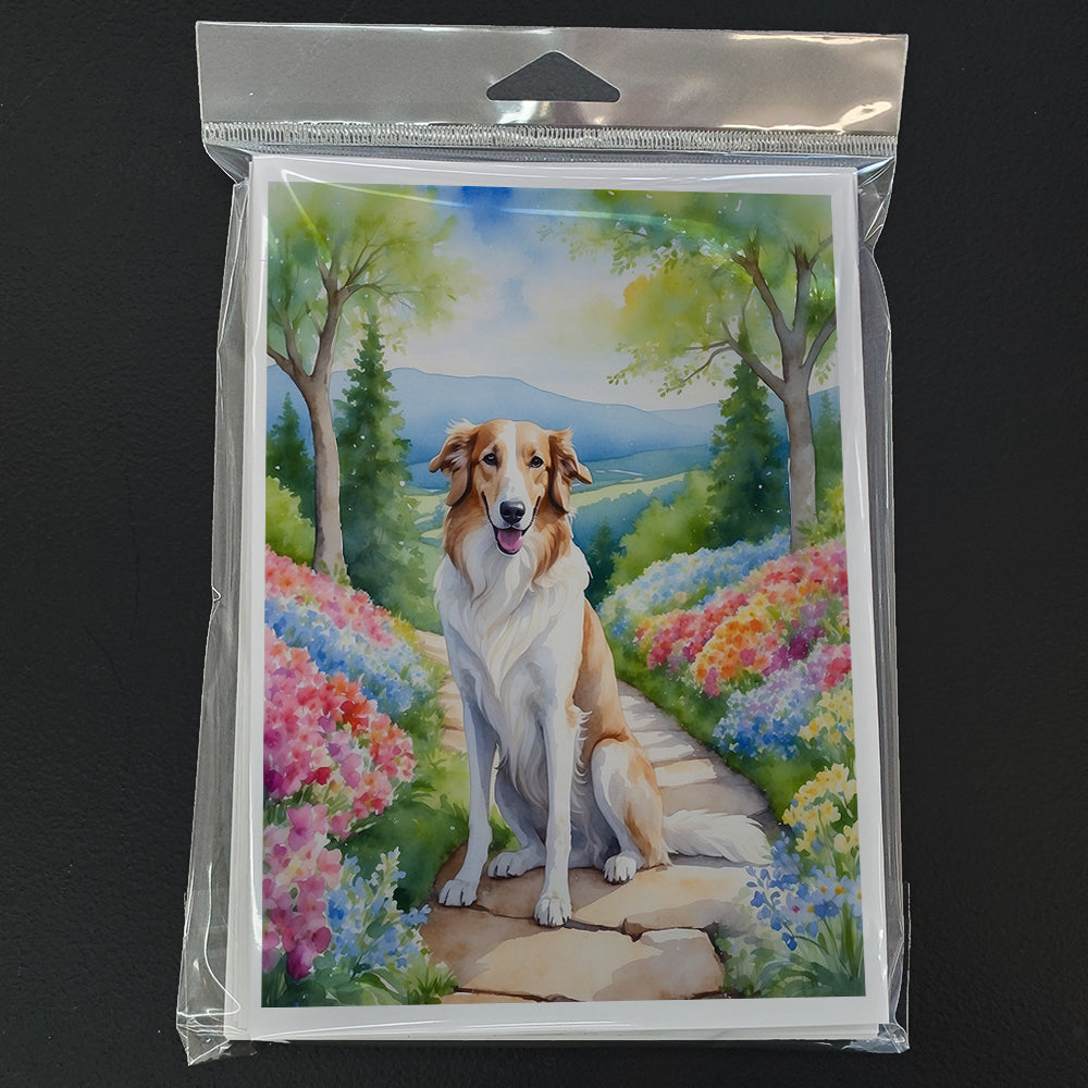 Borzoi Spring Path Greeting Cards Pack of 8 Blank Cards with Envelopes Whimsical A7 Size 5x7