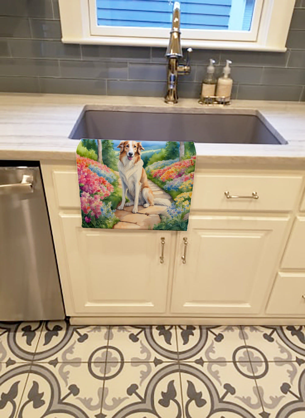 Borzoi Spring Path Kitchen Towel Velour Plush Front and Cotton Loop Back Machine Washable