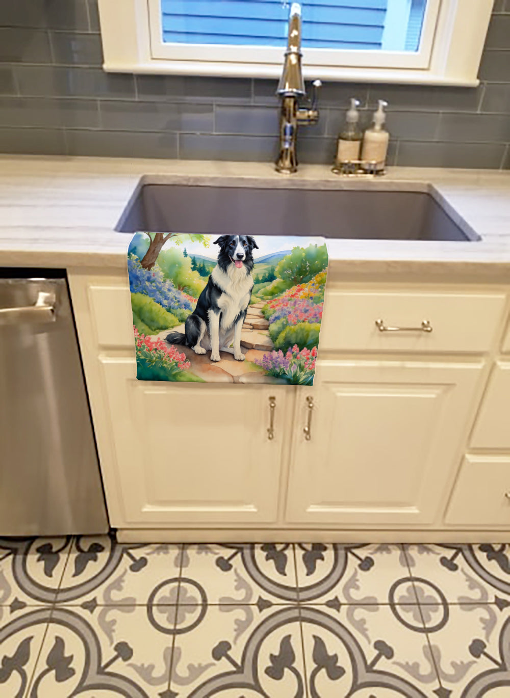Borzoi Spring Path Kitchen Towel Velour Plush Front and Cotton Loop Back Machine Washable