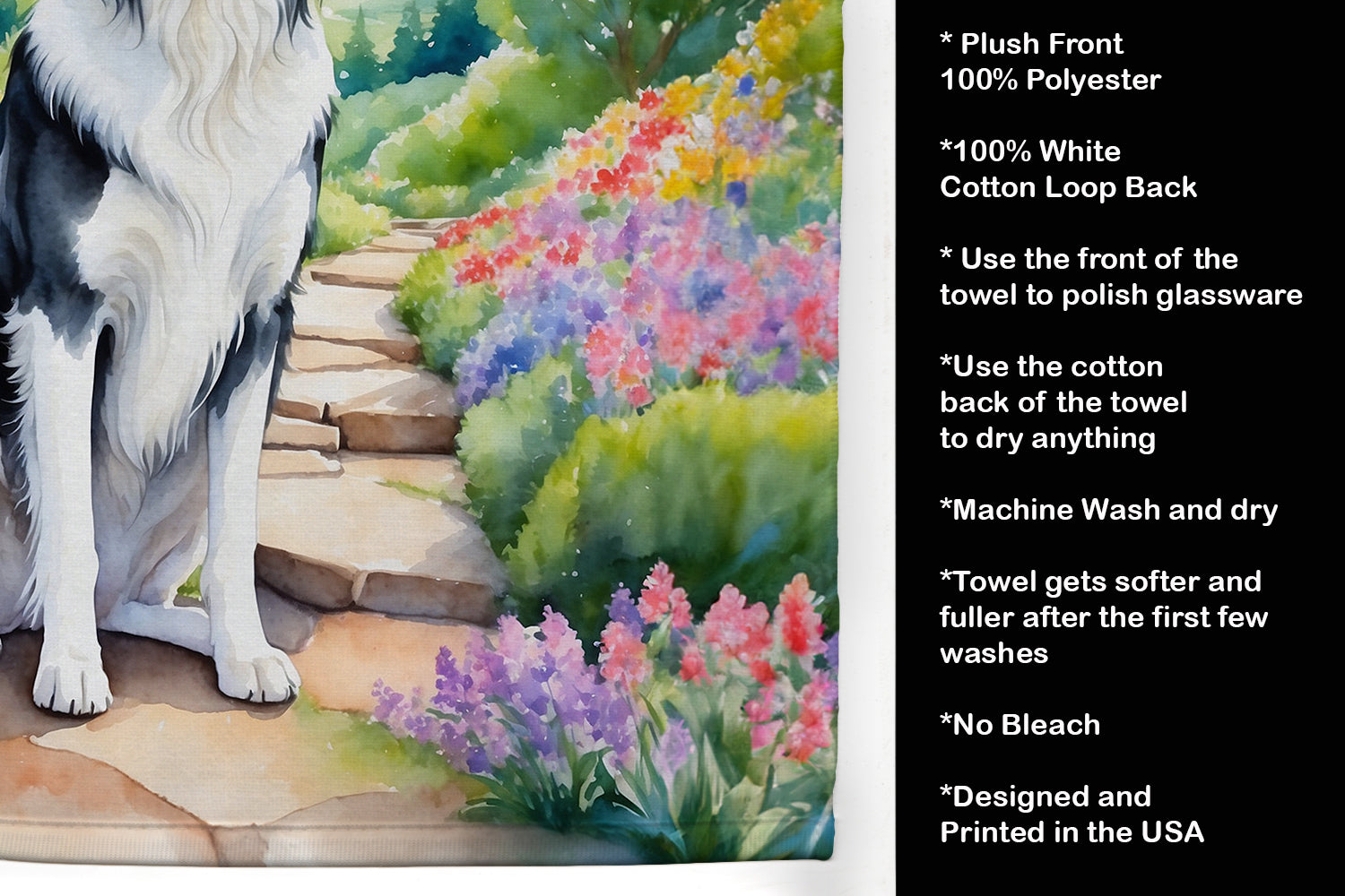 Borzoi Spring Path Kitchen Towel Velour Plush Front and Cotton Loop Back Machine Washable