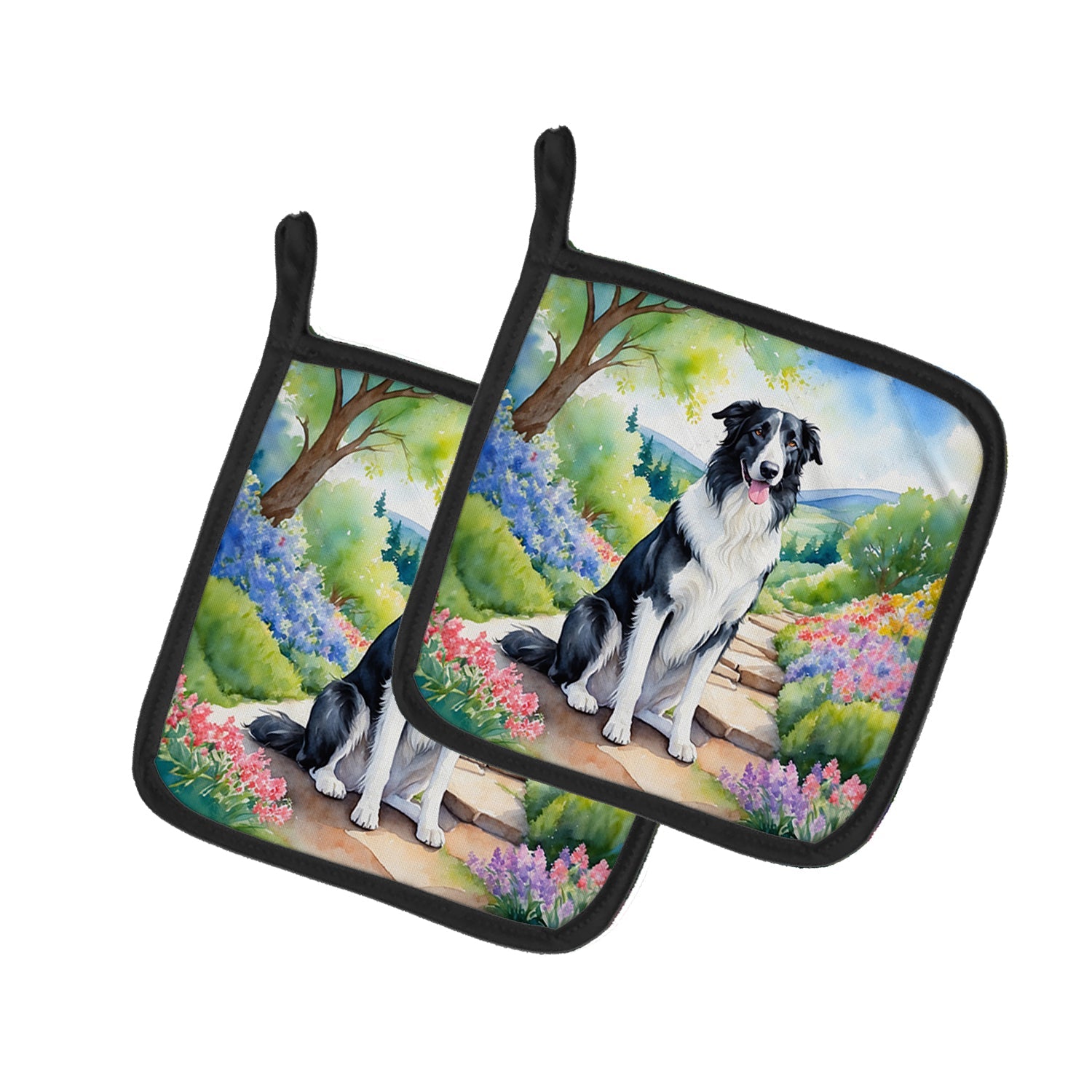 Borzoi Spring Path Pot Holder Set of 2 Heat Resistant Quilted Hot Pads 7.5 x 7.5 Inch, Insulated Kitchen Trivets for Cooking & Baking