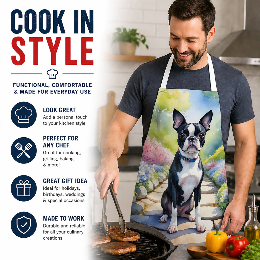 Boston Terrier Spring Path Apron Cooking Kitchen Server Baking Crafts Gardening for Adult Women Men, Unisex, Large, Multicolor