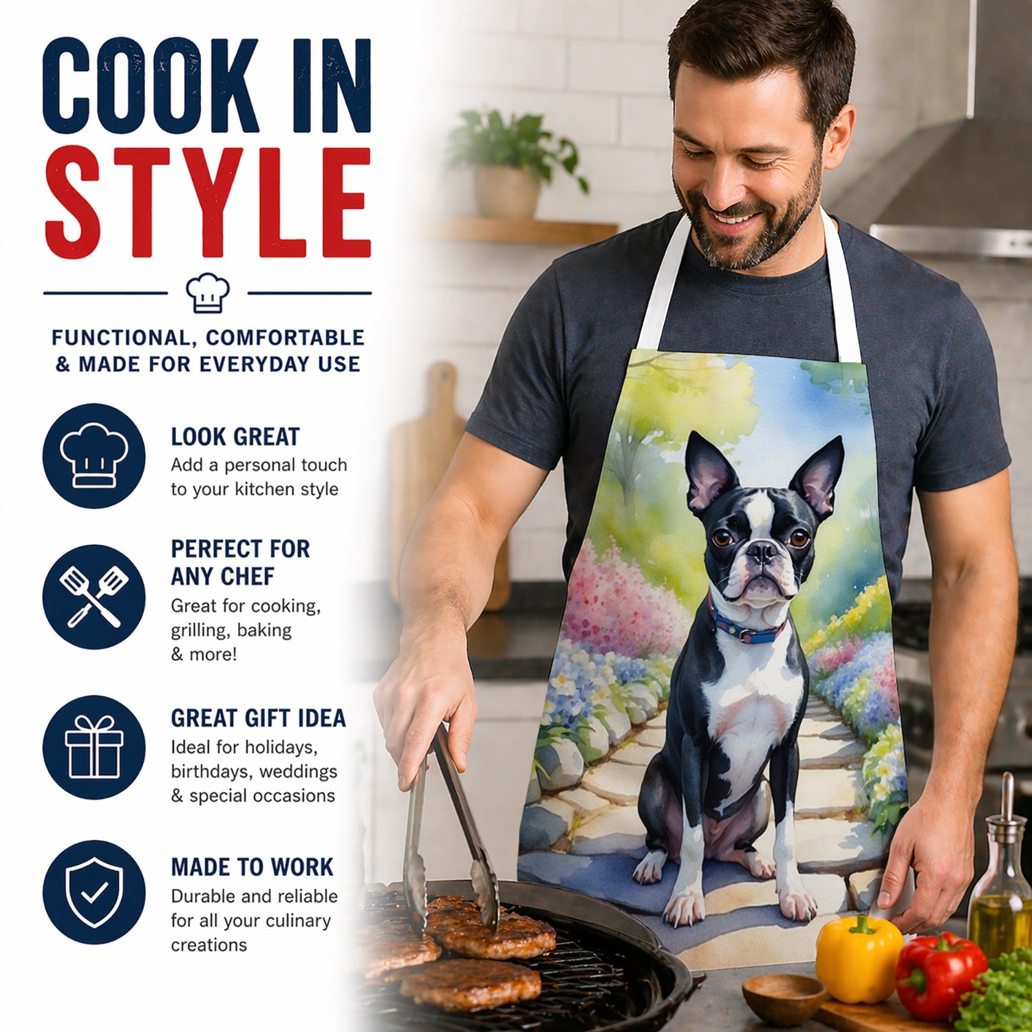 Boston Terrier Spring Path Apron Cooking Kitchen Server Baking Crafts Gardening for Adult Women Men, Unisex, Large, Multicolor