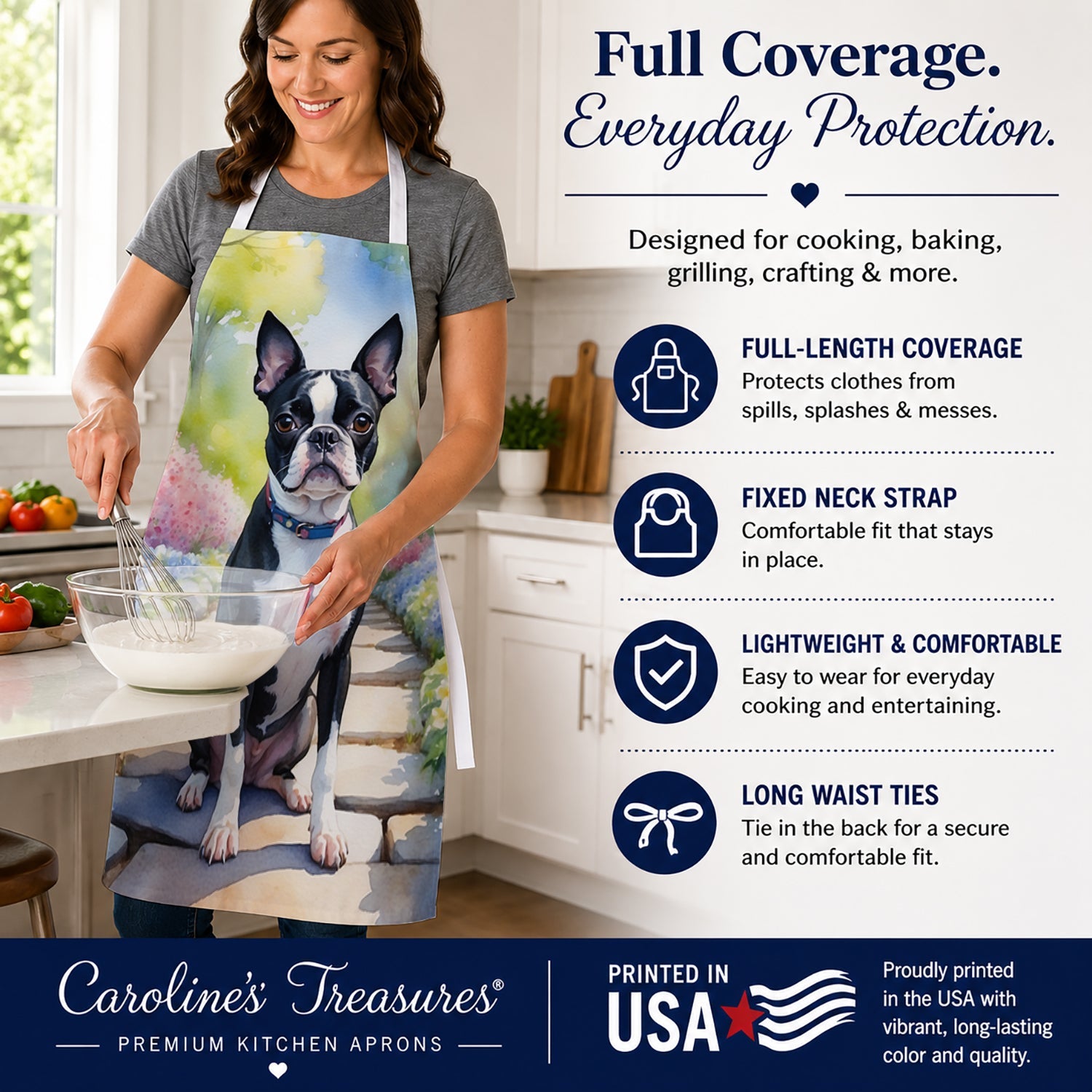 Boston Terrier Spring Path Apron Cooking Kitchen Server Baking Crafts Gardening for Adult Women Men, Unisex, Large, Multicolor