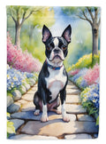 Boston Terrier Spring Path House Flag 28x40 Porch Sleeve Pole Decorative Outside Yard Banner Artwork Wall Hanging, Polyester