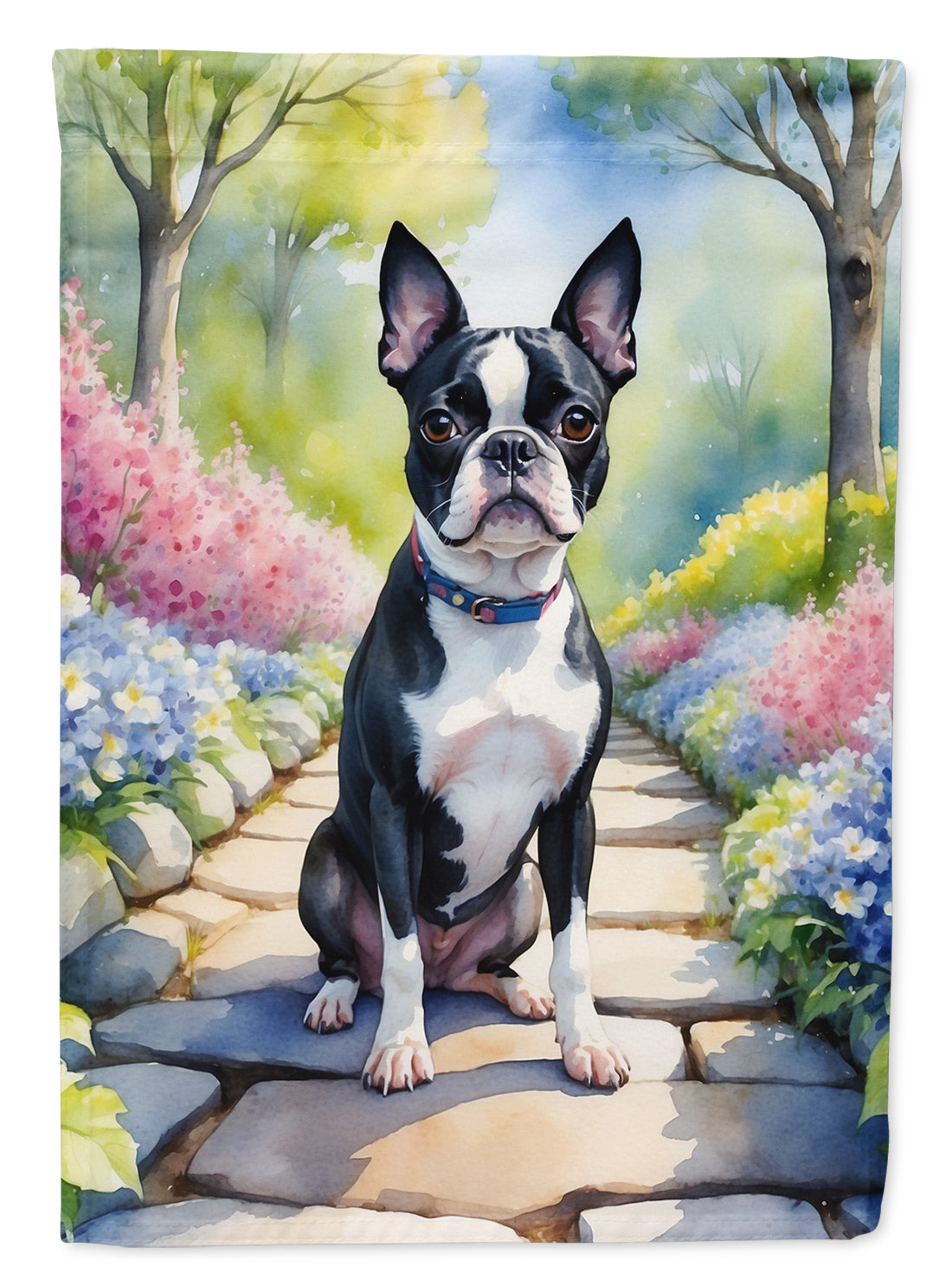 Boston Terrier Spring Path House Flag 28x40 Porch Sleeve Pole Decorative Outside Yard Banner Artwork Wall Hanging, Polyester