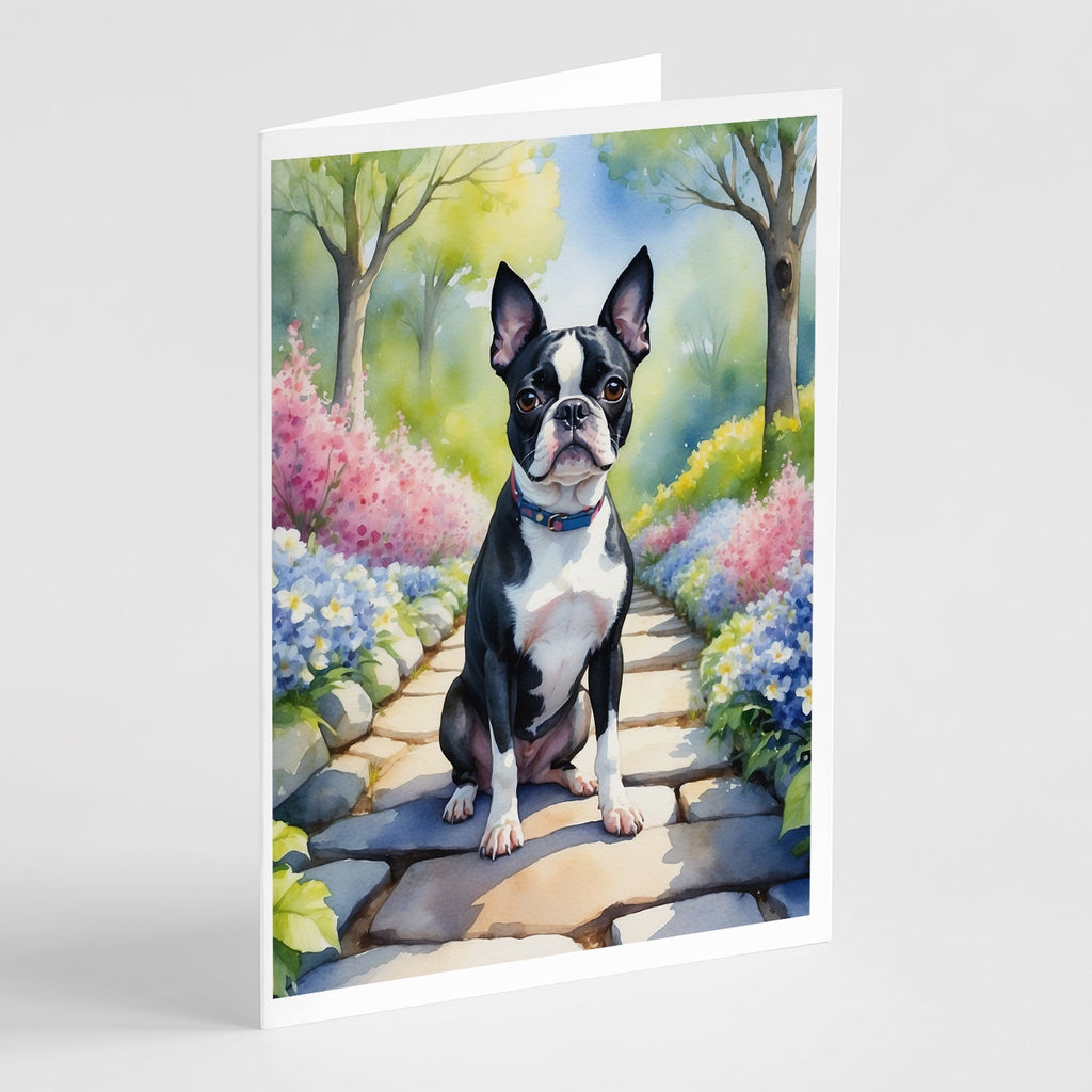 Boston Terrier Spring Path Greeting Cards Pack of 8 Blank Cards with Envelopes Whimsical A7 Size 5x7