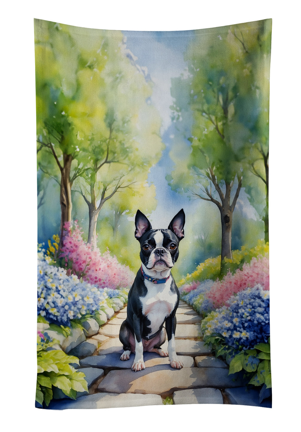 Boston Terrier Spring Path Kitchen Towel Velour Plush Front and Cotton Loop Back Machine Washable