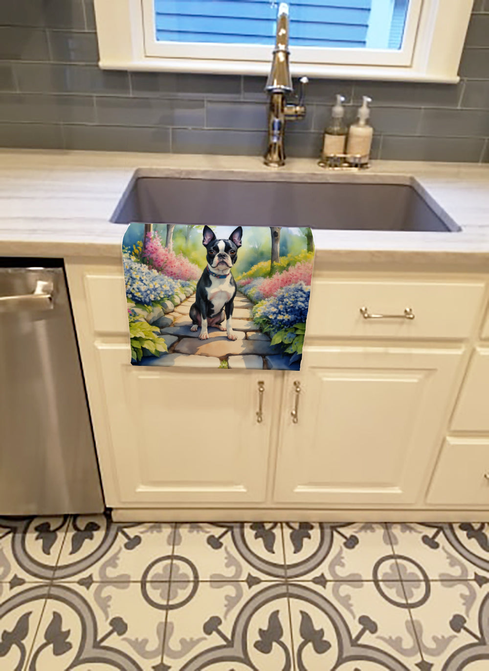 Boston Terrier Spring Path Kitchen Towel Velour Plush Front and Cotton Loop Back Machine Washable
