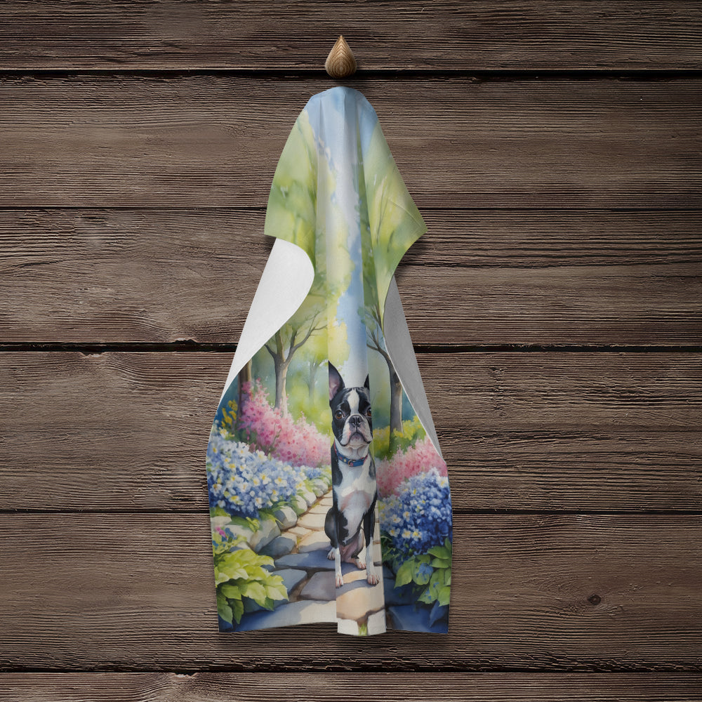 Boston Terrier Spring Path Kitchen Towel Velour Plush Front and Cotton Loop Back Machine Washable