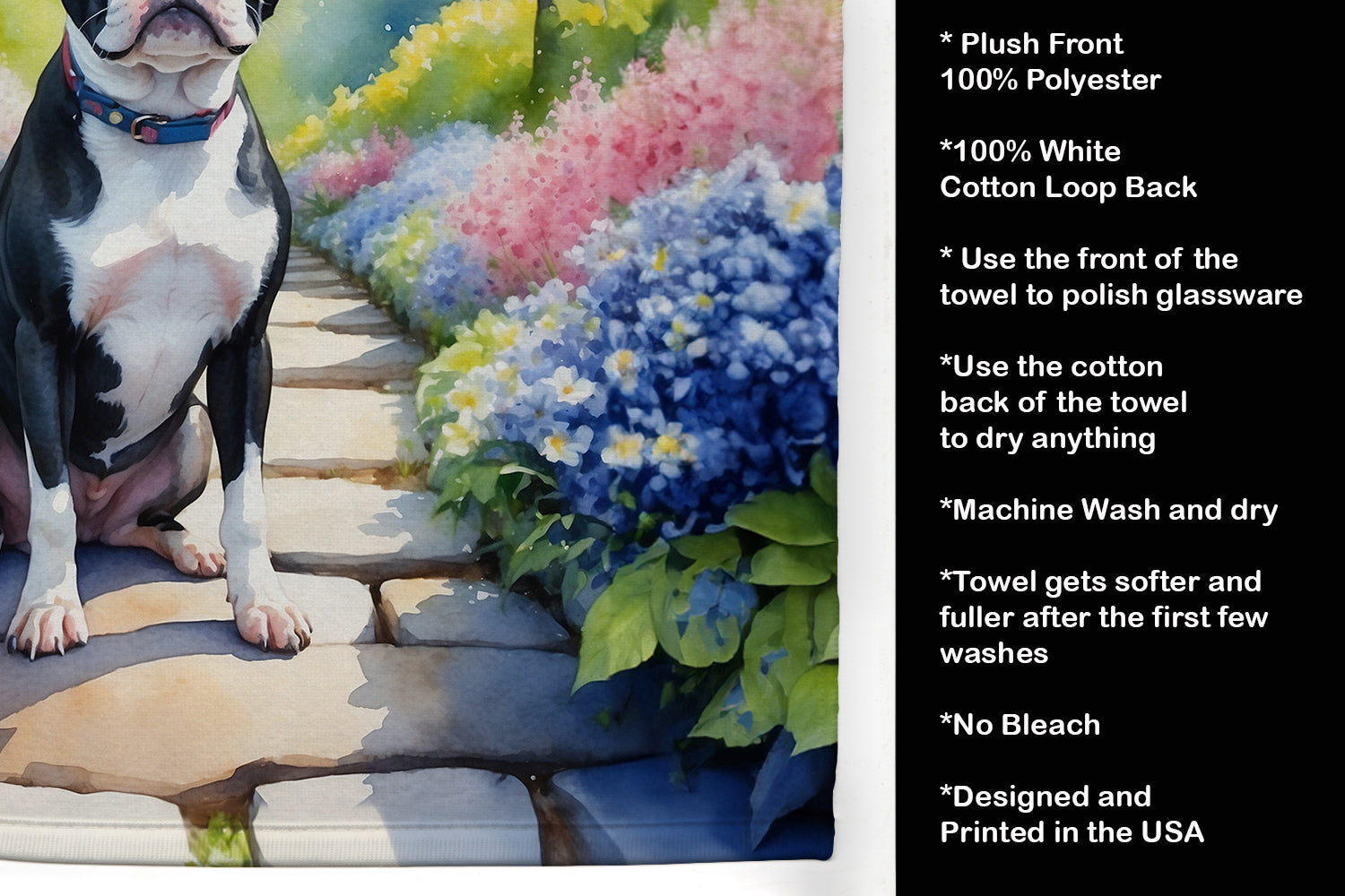 Boston Terrier Spring Path Kitchen Towel Velour Plush Front and Cotton Loop Back Machine Washable