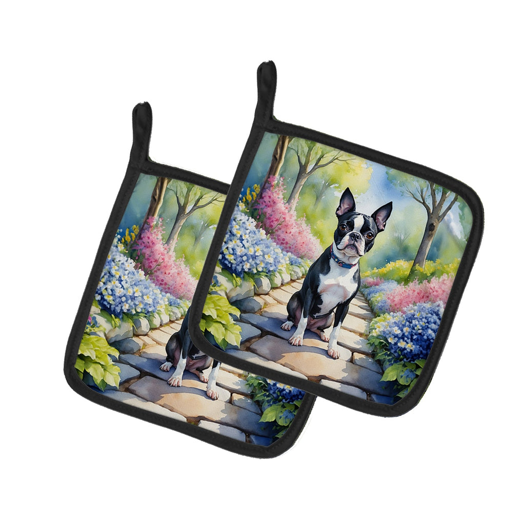 Boston Terrier Spring Path Pot Holder Set of 2 Heat Resistant Quilted Hot Pads 7.5 x 7.5 Inch, Insulated Kitchen Trivets for Cooking & Baking