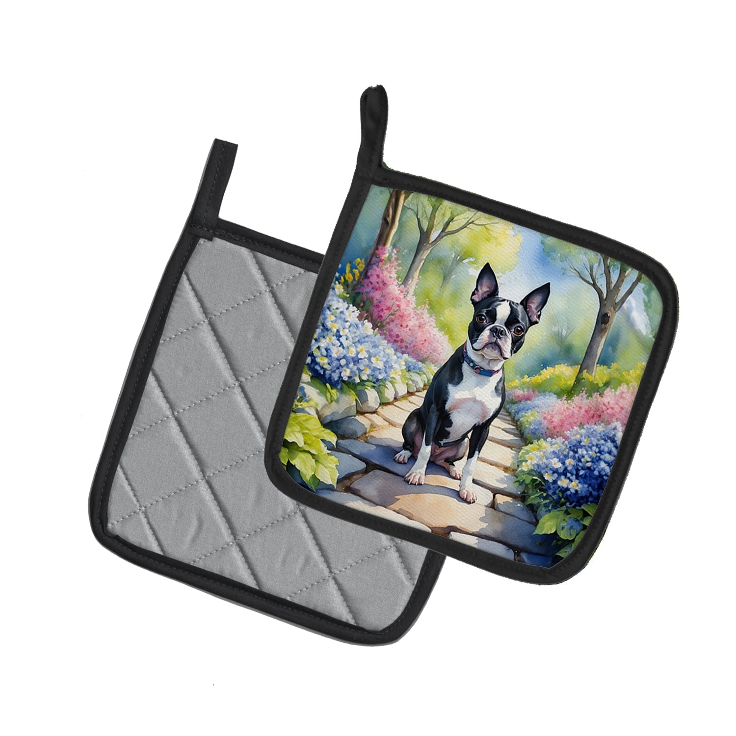 Boston Terrier Spring Path Pot Holder Set of 2 Heat Resistant Quilted Hot Pads 7.5 x 7.5 Inch, Insulated Kitchen Trivets for Cooking & Baking