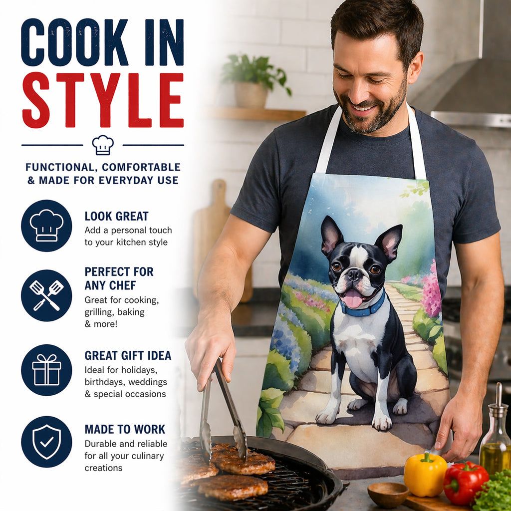 Boston Terrier Spring Path Apron Cooking Kitchen Server Baking Crafts Gardening for Adult Women Men, Unisex, Large, Multicolor