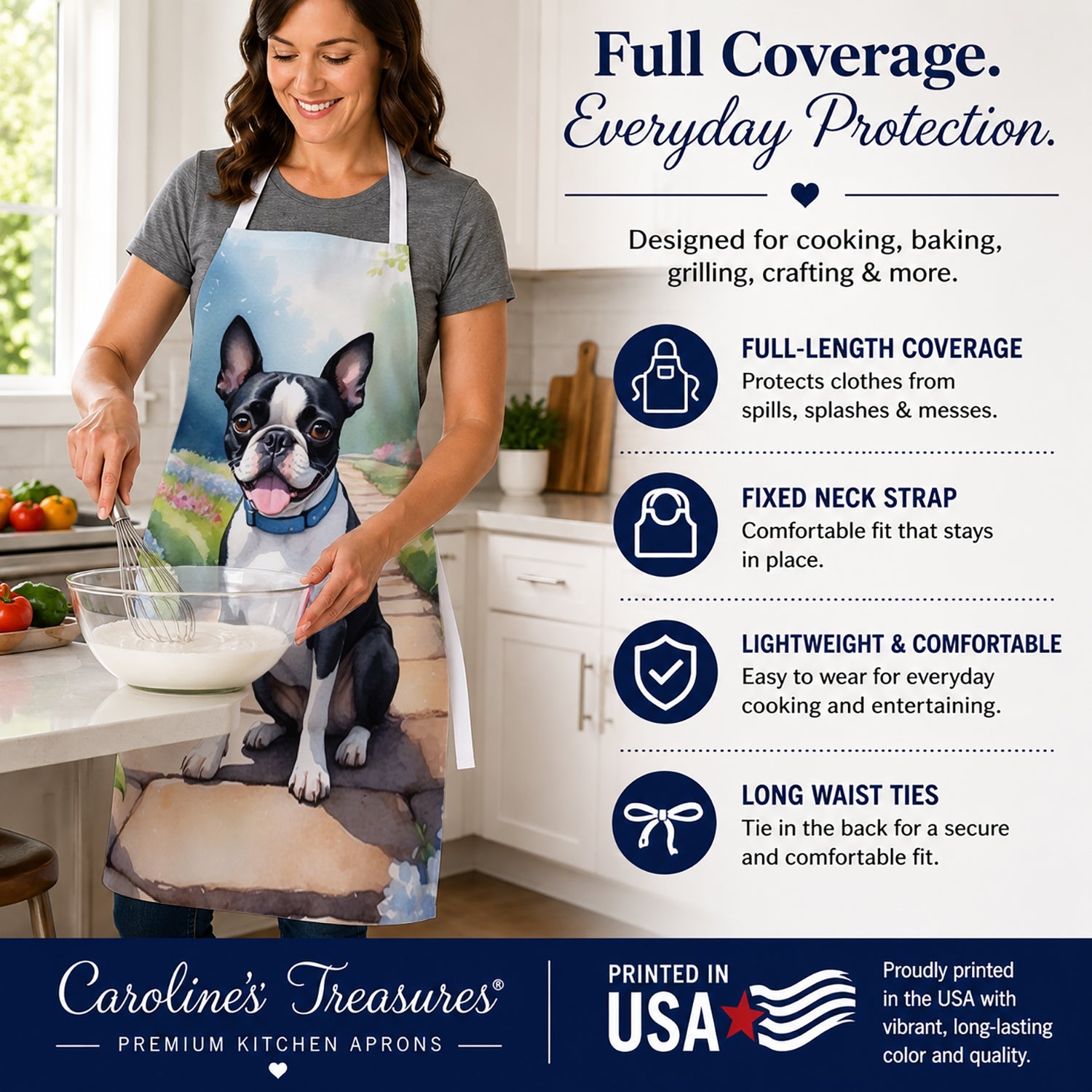 Boston Terrier Spring Path Apron Cooking Kitchen Server Baking Crafts Gardening for Adult Women Men, Unisex, Large, Multicolor
