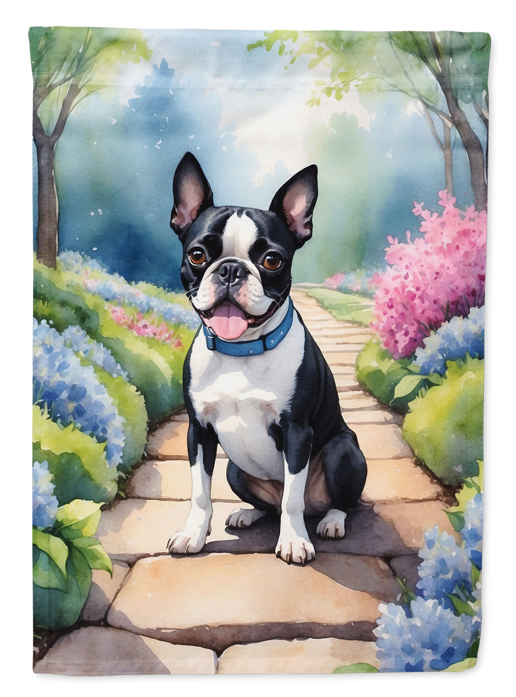 Boston Terrier Spring Path House Flag 28x40 Porch Sleeve Pole Decorative Outside Yard Banner Artwork Wall Hanging, Polyester