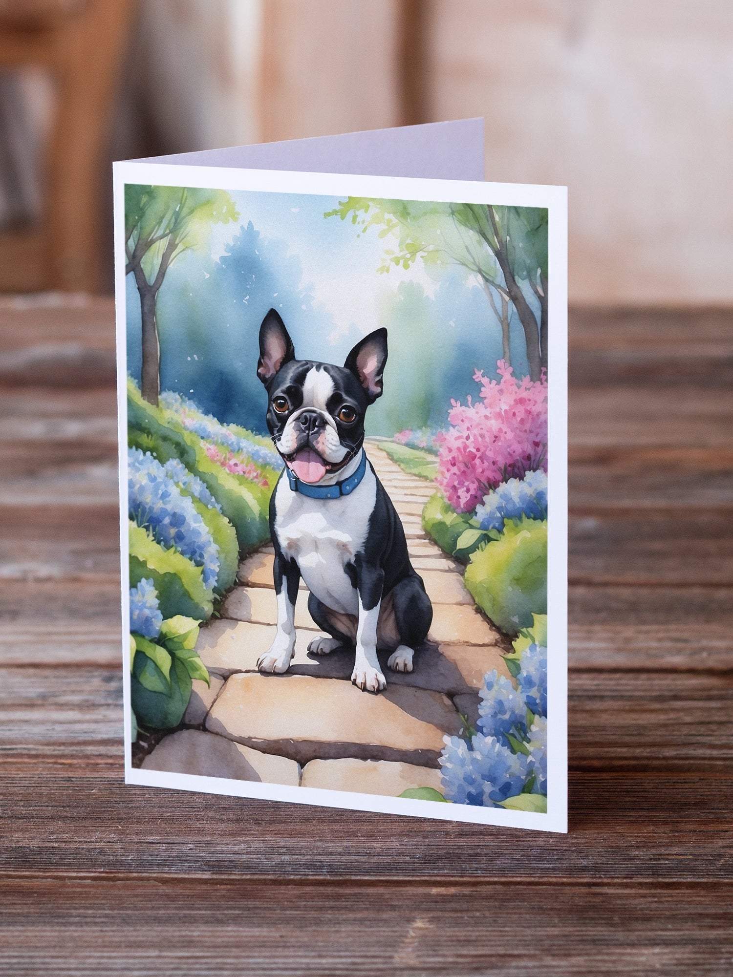 Boston Terrier Spring Path Greeting Cards Pack of 8 Blank Cards with Envelopes Whimsical A7 Size 5x7