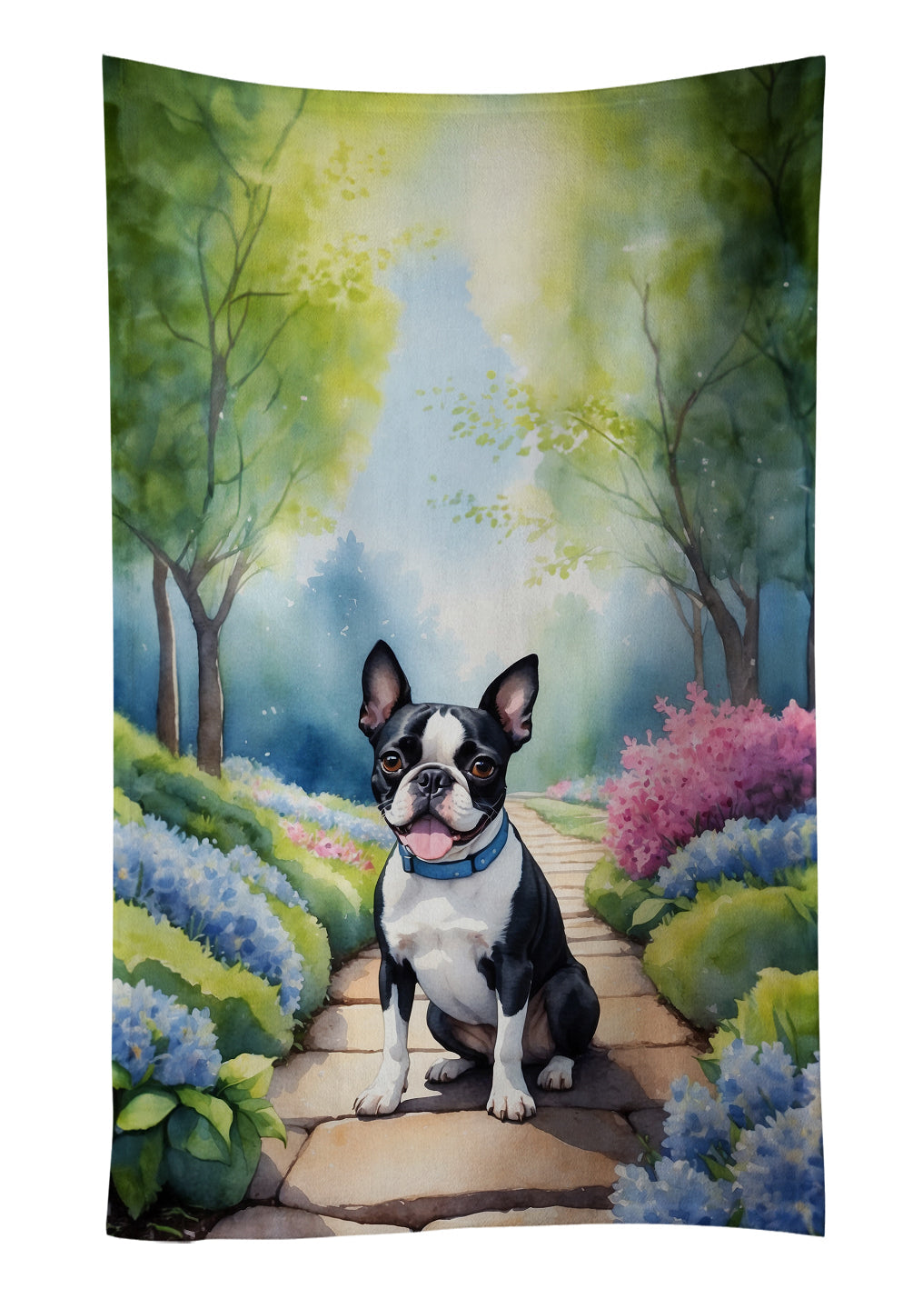 Boston Terrier Spring Path Kitchen Towel Velour Plush Front and Cotton Loop Back Machine Washable