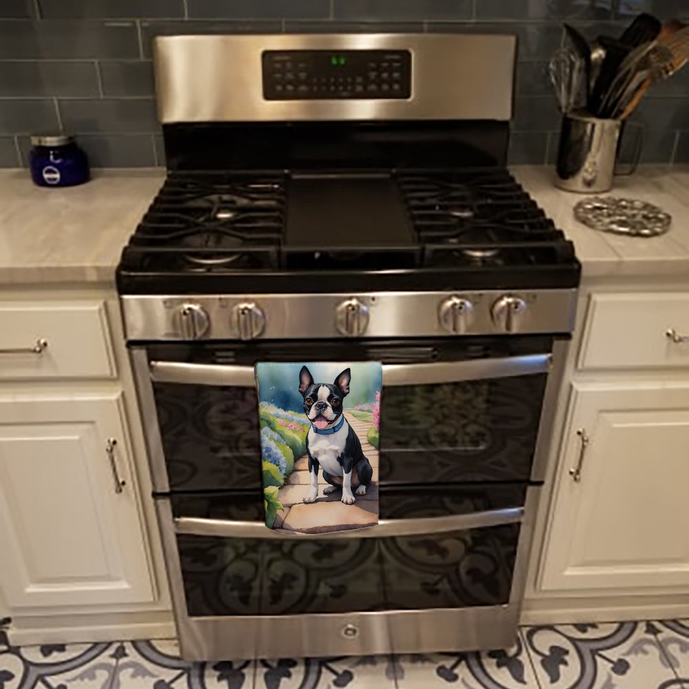 Boston Terrier Spring Path Kitchen Towel Velour Plush Front and Cotton Loop Back Machine Washable