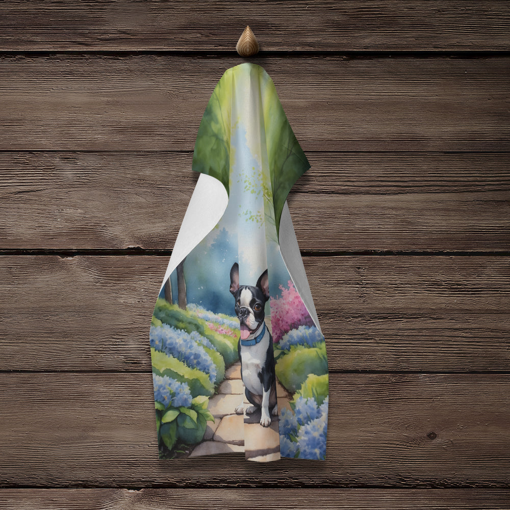 Boston Terrier Spring Path Kitchen Towel Velour Plush Front and Cotton Loop Back Machine Washable
