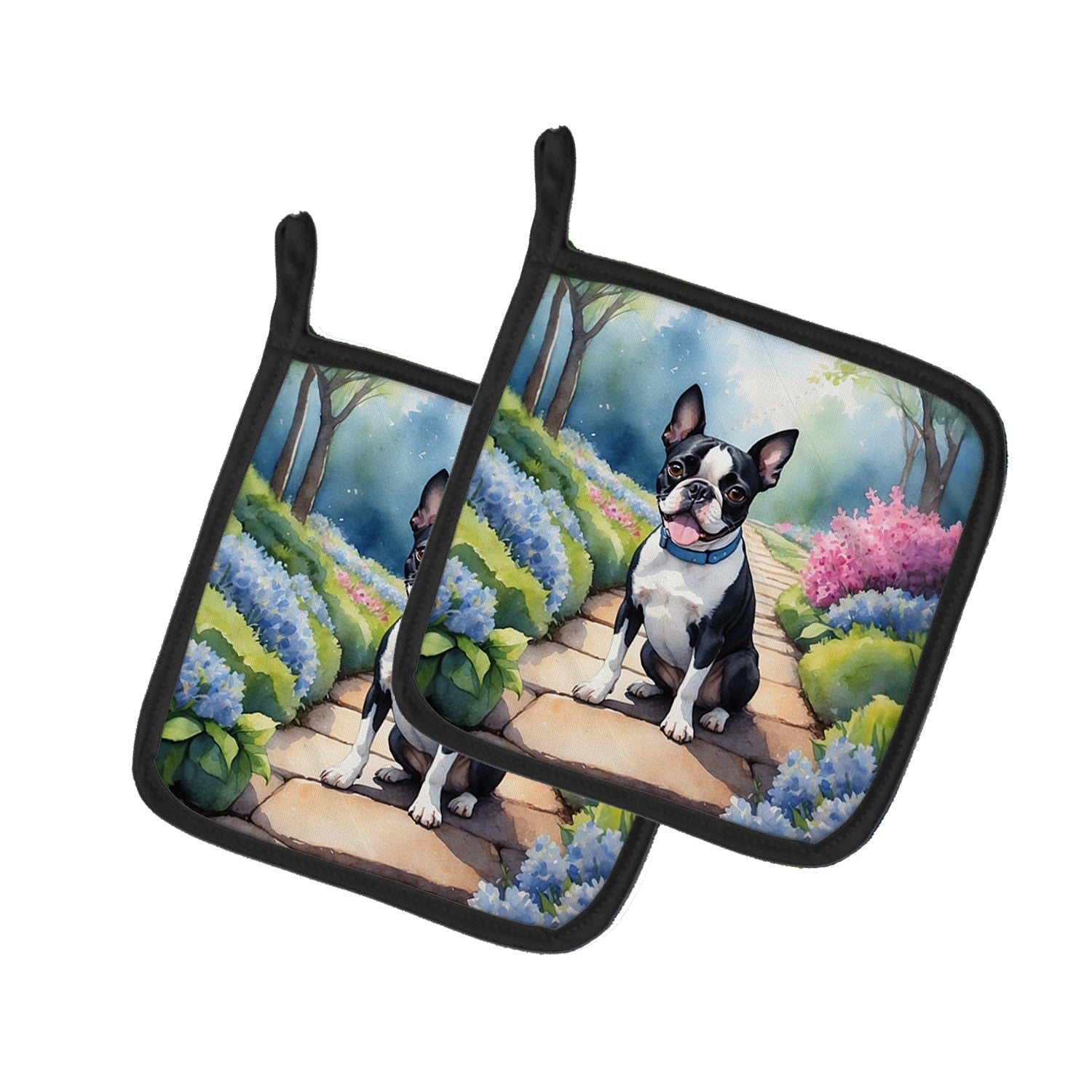 Boston Terrier Spring Path Pot Holder Set of 2 Heat Resistant Quilted Hot Pads 7.5 x 7.5 Inch, Insulated Kitchen Trivets for Cooking & Baking