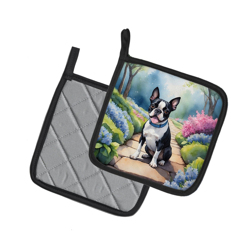 Boston Terrier Spring Path Pot Holder Set of 2 Heat Resistant Quilted Hot Pads 7.5 x 7.5 Inch, Insulated Kitchen Trivets for Cooking & Baking