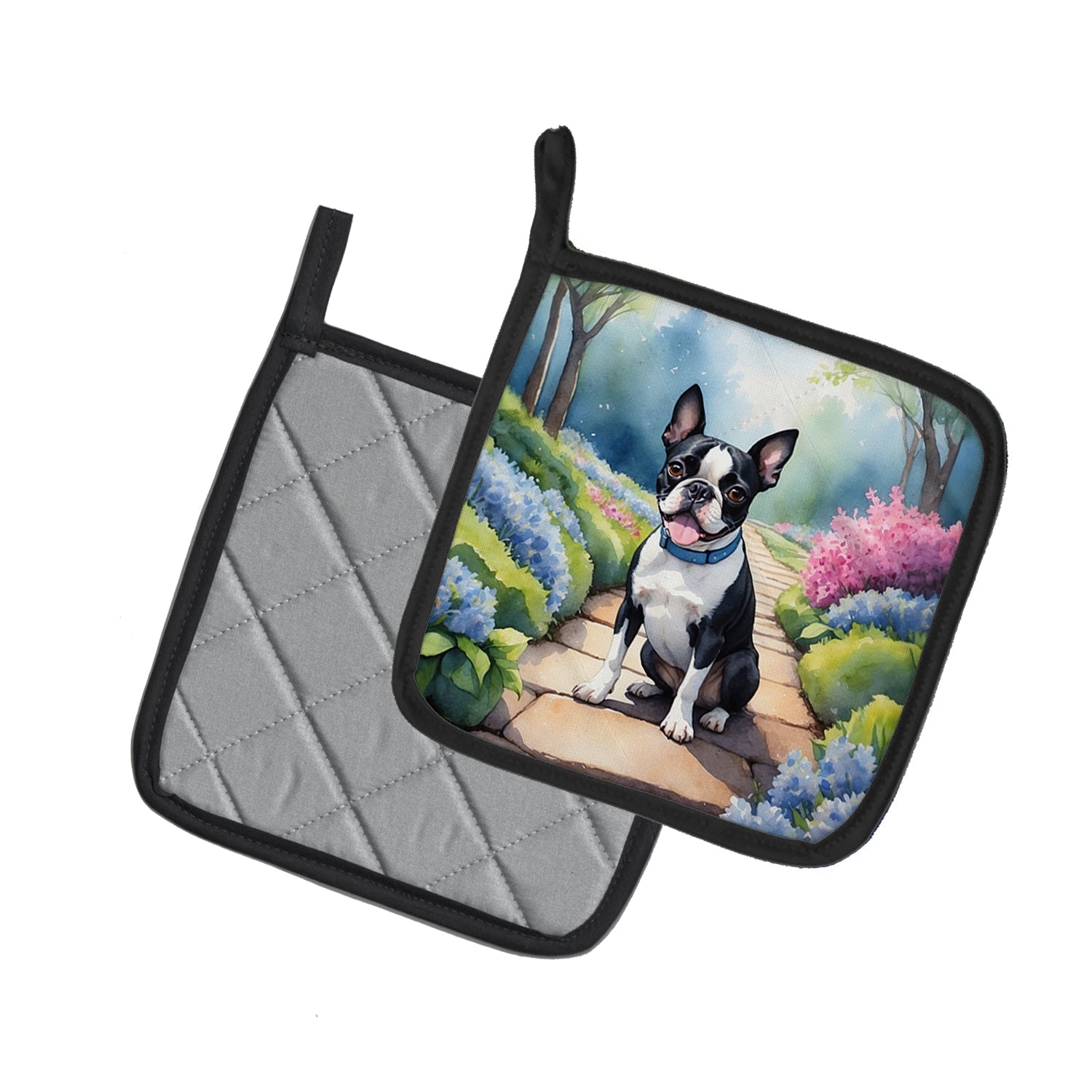 Boston Terrier Spring Path Pot Holder Set of 2 Heat Resistant Quilted Hot Pads 7.5 x 7.5 Inch, Insulated Kitchen Trivets for Cooking & Baking