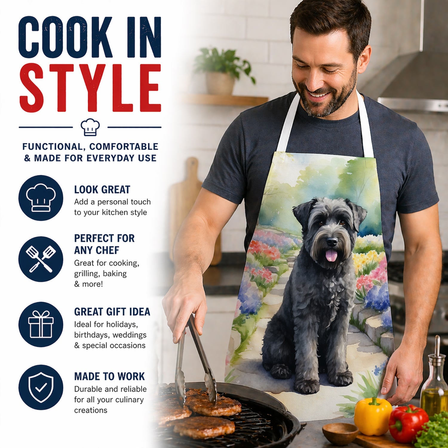 Bouvier des Flandres Spring Path Apron Cooking Kitchen Server Baking Crafts Gardening for Adult Women Men, Unisex, Large, Multicolor